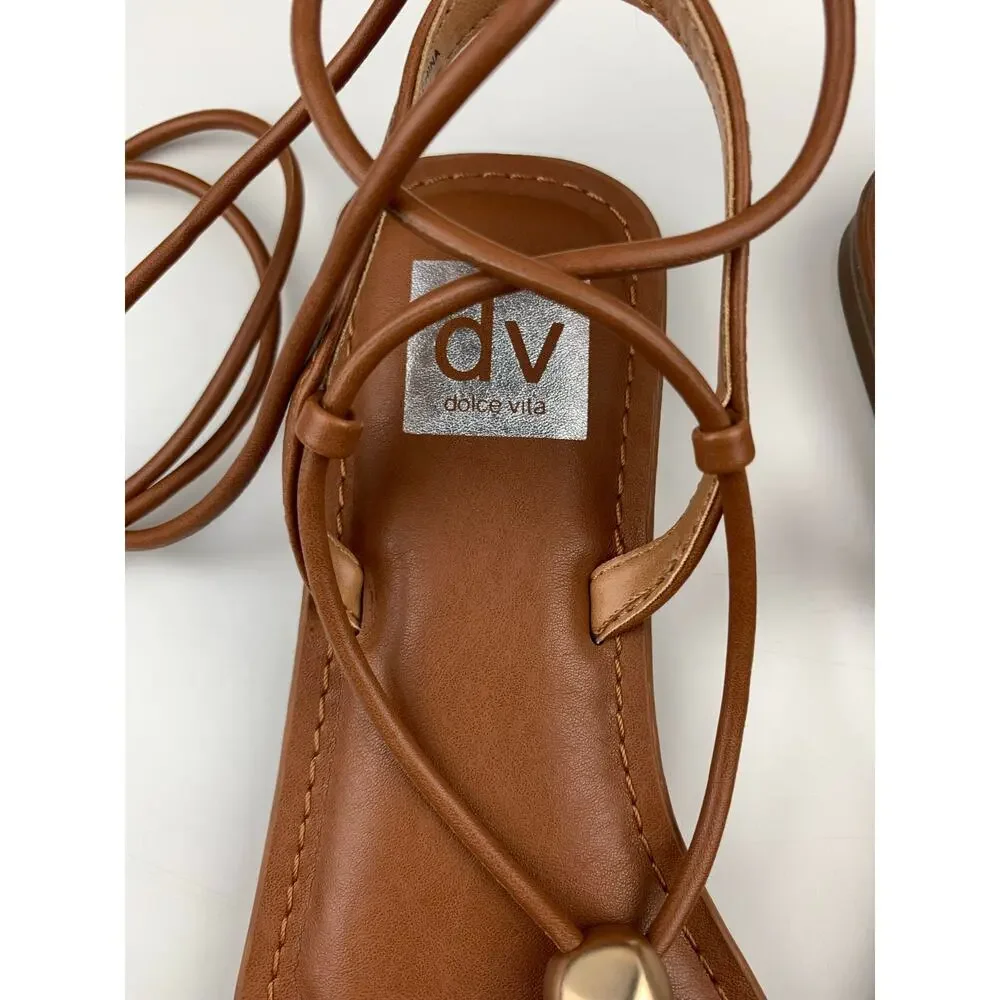 DV Dolce Vita Jestar Strappy Lace Up Sandals Brown Faux Leather Flats Womens 7.5